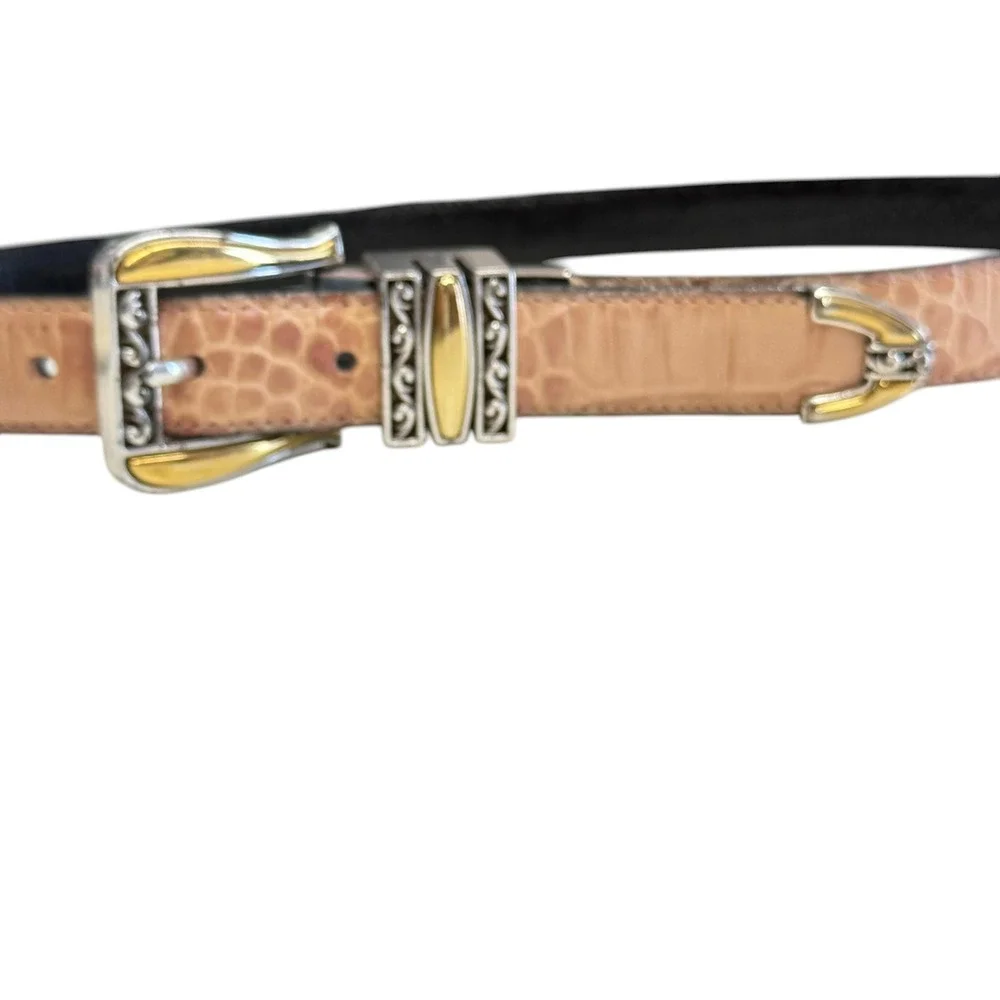 Brighton Womens Reversible Black Tan Belt Embossed Leather Silver Gold Buckle XL